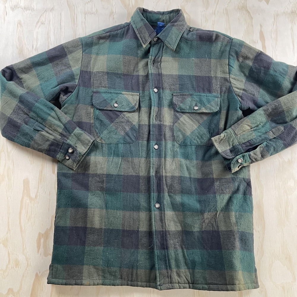 Towncraft Shirt Jacket Mens Medium Green Plaid Quilted Flannel‎ Lined Workwear